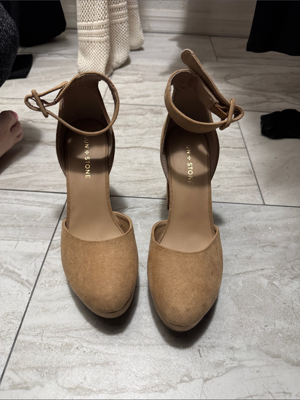 Sun + Stone Camel Tan Suede Ankle-Strap Block Heels